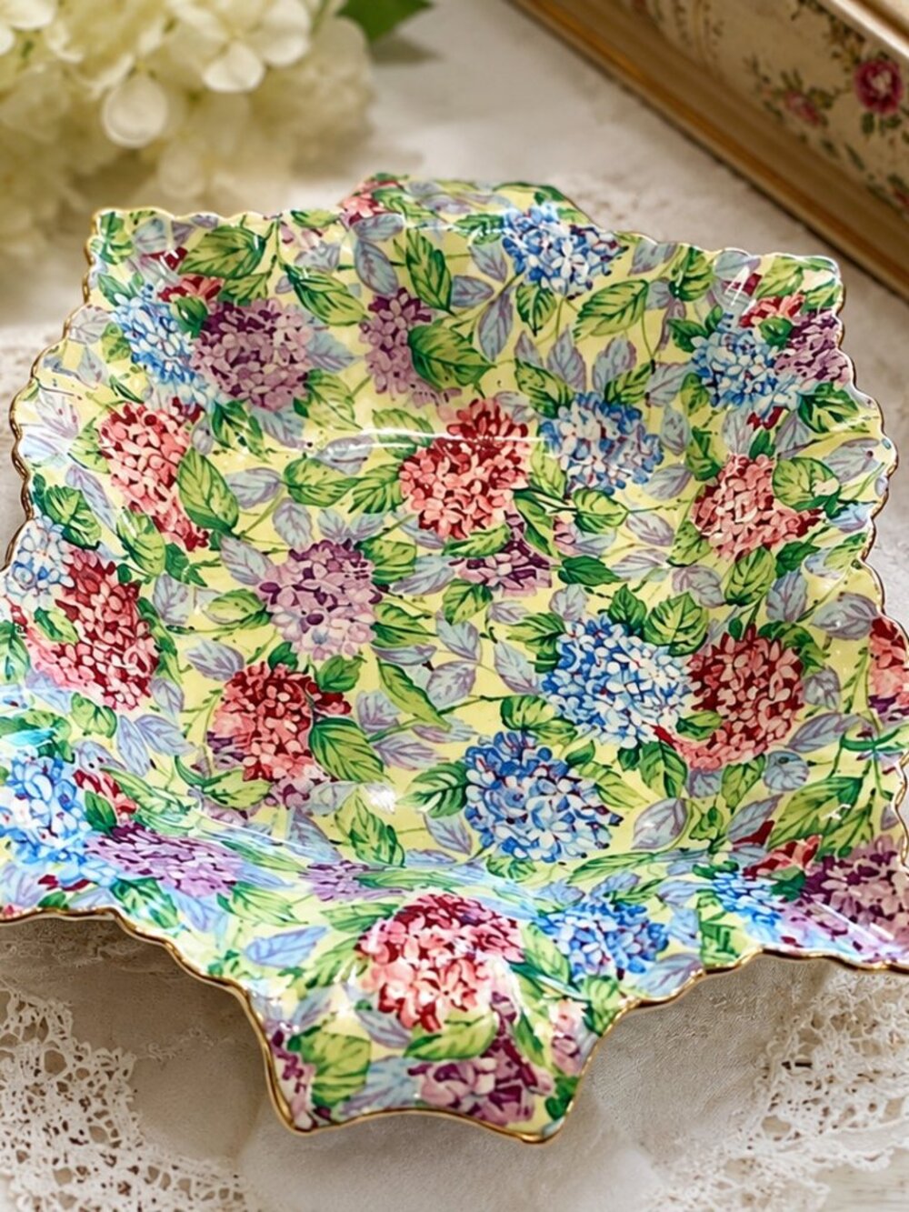 Vintage James Kent Hydrangea Chintz Dish Square Floral Bowl Gold Trim England